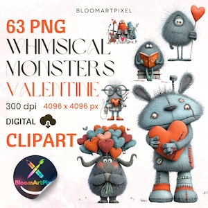 May include: Digital clipart featuring whimsical monster illustrations for Valentine's Day. The image includes various monsters holding hearts, reading books, and playing instruments. Text on the image reads "63 PNG Whimsical Monsters Valentine".