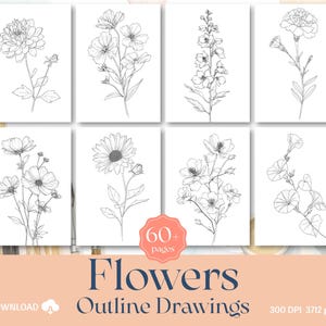 60+ Flower Outlines Adult Coloring Pages DIY Paint Art Kit Template (Digital Download) image 2