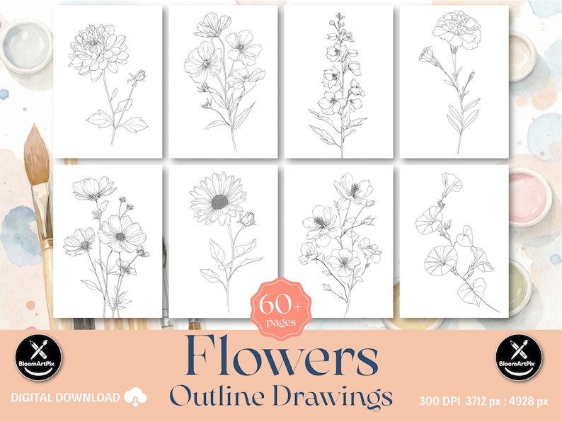 60+ Flower Outlines Adult Coloring Pages DIY Paint Art Kit Template (Digital Download) image 2