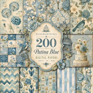 Può includere: Una collezione di carta digitale intitolata BLOOMARTPIXEL 200 Patina Blue Digital Papers, che presenta un collage di motivi floreali blu e crema, uccelli, gabbie, strisce e disegni a chevron con un'estetica vintage e un'etichetta centrale ornata.