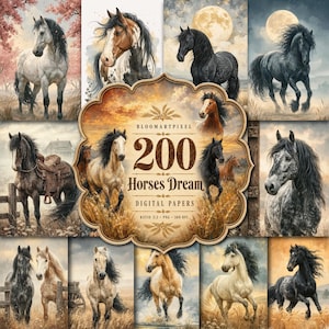 Puede incluir: Una colección digital de 200 imágenes con temática de caballos que muestra varias razas en diversos entornos, incluidos campos, prados y paisajes a la luz de la luna. La etiqueta central muestra el texto BLOOMARTPIXEL 200 Horses Dream DIGITAL PAPERS.