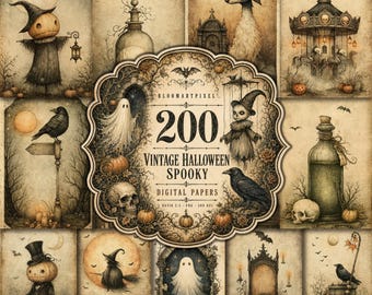 Puede incluir: Una colección de 200 papeles digitales vintage de Halloween con ilustraciones en tonos sepia de fantasmas, calabazas, calaveras, cuervos, brujas y arquitectura espeluznante. La etiqueta central muestra el texto BLOOMARTPIXEL 200 VINTAGE HALLOWEEN SPOOKY DIGITAL PAPERS.