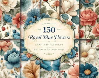 Papier numérique vintage Cottagecore à motif floral bleu royal sans couture (Téléchargement numérique)