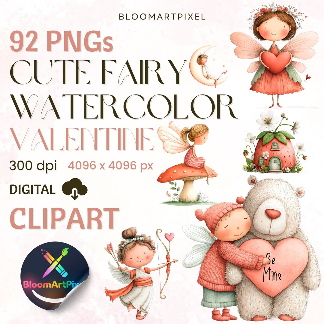 92 Cute Fairy Watercolor Clipart PNG Bundle, Valentine Day Sublimation ...