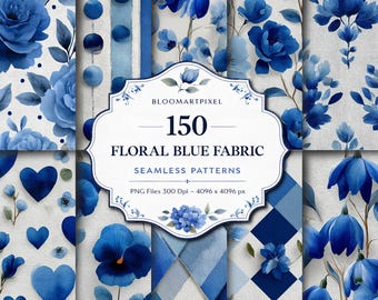 Ensemble de motifs floraux bleus aquarelle sans couture, style shabby chic, papier numérique cottagecore