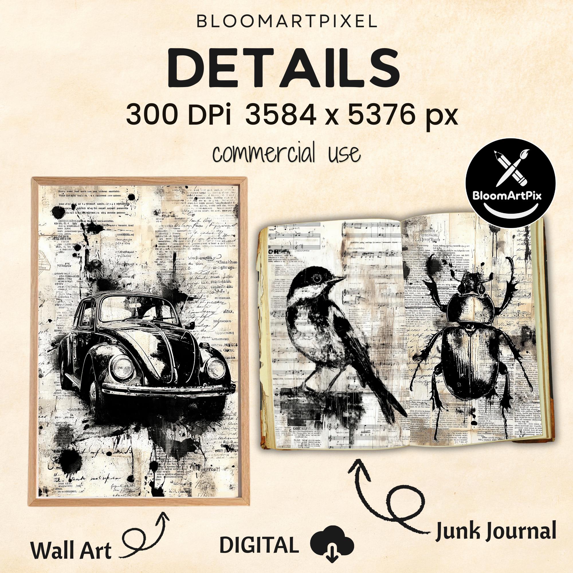 Black & White Distressed Junk Journal Kit 200 Vintage Grunge Printable ...