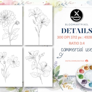 60+ Flower Outlines Adult Coloring Pages DIY Paint Art Kit Template (Digital Download) image 3