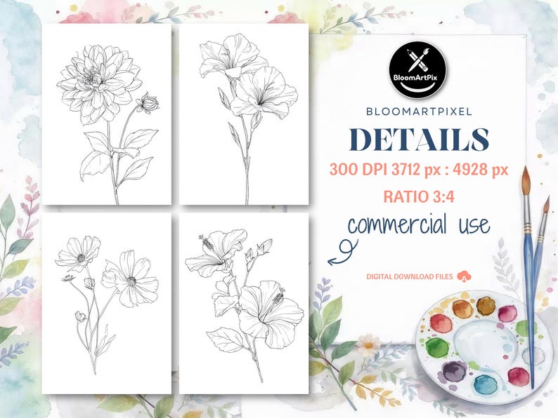 60+ Flower Outlines Adult Coloring Pages DIY Paint Art Kit Template (Digital Download) image 3