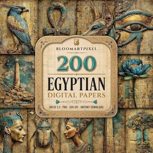 Puede incluir: Una pantalla de producto digital con el texto BLOOMARTPIXEL 200 EGYPTIAN DIGITAL PAPERS RATIO 2:3 PNG 300 DPI INSTANT DOWNLOAD. La etiqueta central está rodeada por un collage de imágenes egipcias que incluyen un halcón, ankh, Anubis, el Ojo de Horus, un obelisco, un loto azul, un busto de faraón, un escarabajo y un árbol.