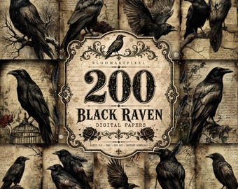 Raven Junk Journal Pages Gothic Vintage Crow Scrapbook Paper Kit (Digital Download)