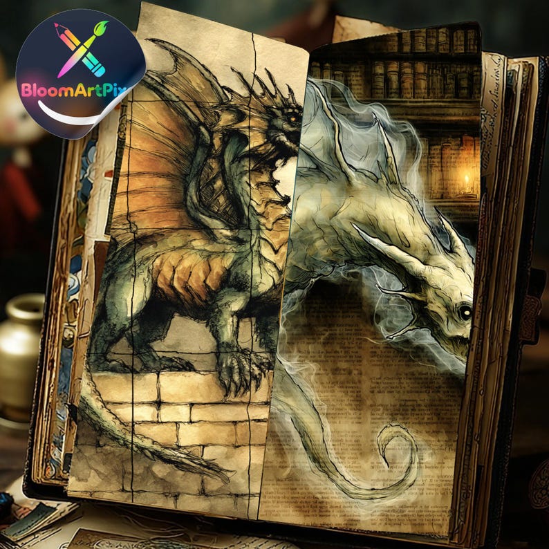 Vintage Dragon Fantasy Junk Journal Pages, Mythical Creature Ephemera ...