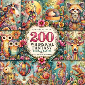 Peut inclure: Une collection numérique de 200 papiers fantastiques fantaisistes présentant des illustrations colorées d'un cheval, loup, hérisson, raton laveur, hiboux, cerf, lapin, montgolfière, escargot, hippocampe et caméléon avec des motifs floraux.