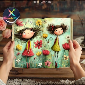 Whimsical Girl Junk Journal Pages, Flower Fairies Writing Scenes, Storybook Clipart (Digital Download) image 2