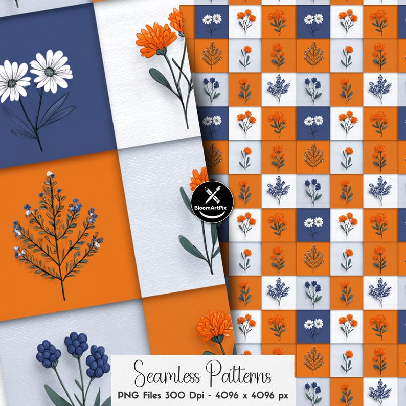 Ensemble de motifs floraux patchwork sans couture, motif répétitif de courtepointe florale colorée, pour la conception de tissus et la sublimation image 7