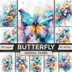 Può includere: Una collezione di carta digitale con illustrazioni ad acquerello di farfalle e fiori nei toni del blu, giallo e rosa. Il set include 200 pagine con sovrapposizioni di testo, etichettate come Butterfly Digital Paper, rapporto 2:3, 300Dpi.