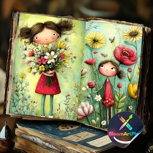 May include: An open book featuring illustrations of a character with brown hair in pigtails wearing a red dress, surrounded by colorful flowers including yellow sunflowers and red poppies. A circular logo with a pencil and brush icon reads BloomArtPix.