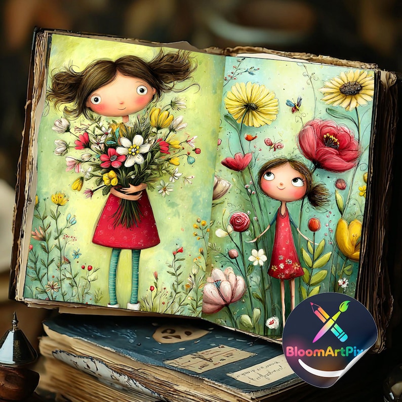 May include: An open book featuring illustrations of a character with brown hair in pigtails wearing a red dress, surrounded by colorful flowers including yellow sunflowers and red poppies. A circular logo with a pencil and brush icon reads BloomArtPix.