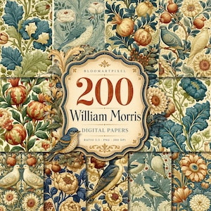 Pode incluir: Uma coleção de 200 papéis digitais William Morris com padrões botânicos e de aves intrincados em tons de azul, verde e creme. A etiqueta decorativa central exibe o texto BLOOMARTPIXEL 200 William Morris DIGITAL PAPERS.
