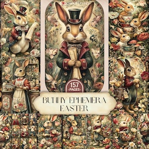 May include: A collage of vintage-style illustrations featuring anthropomorphic rabbits in Victorian attire. The central image shows a rabbit in a top hat and coat holding scrolls. The text "Bunny Ephemera Easter" is displayed on a banner.