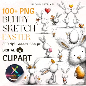 Puede incluir: Clipart digital con bocetos de conejitos para Pascua. La imagen incluye varias ilustraciones de conejitos sosteniendo globos, flores y huevos. El texto en la imagen dice "100+ PNG BUNNY SKETCH EASTER DIGITAL CLIPART". Las ilustraciones son en blanco y negro con algunos acentos de color.