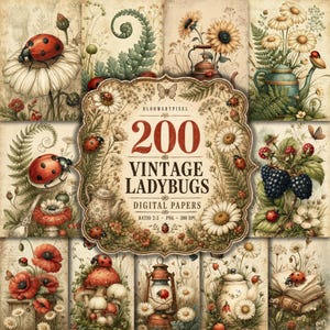 Puede incluir: Una colección de papeles digitales con ilustraciones de estilo vintage de mariquitas, margaritas, helechos, moras, setas y objetos antiguos como teteras y linternas. El texto central dice 200 VINTAGE LADYBUGS DIGITAL PAPERS.