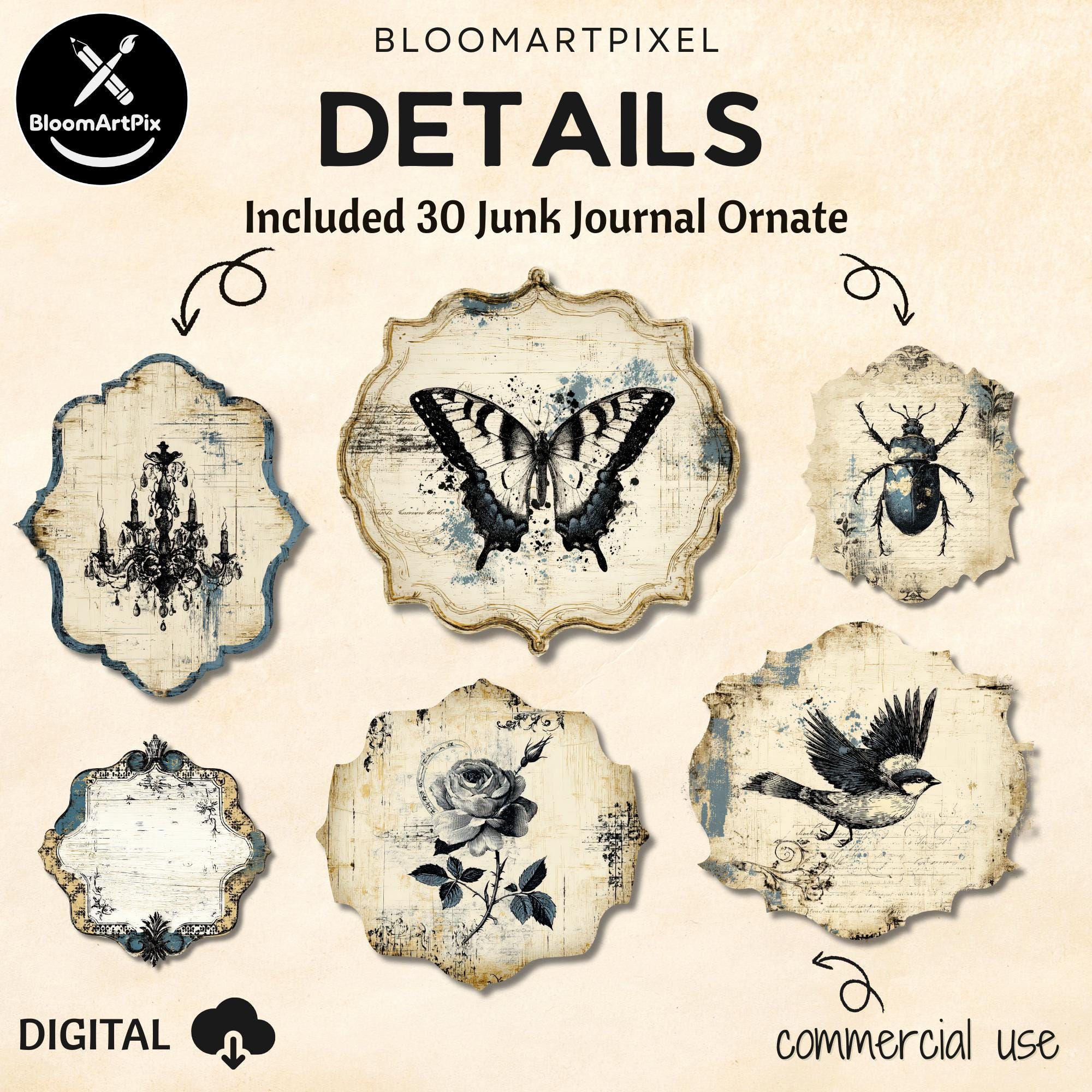 Black & White Distressed Junk Journal Kit 200 Vintage Grunge Printable ...