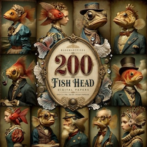 Victorian Fish Head Digital Paper, Steampunk Anthropomorphic Animal Portraits, for Scrapbooking & Junk Journal