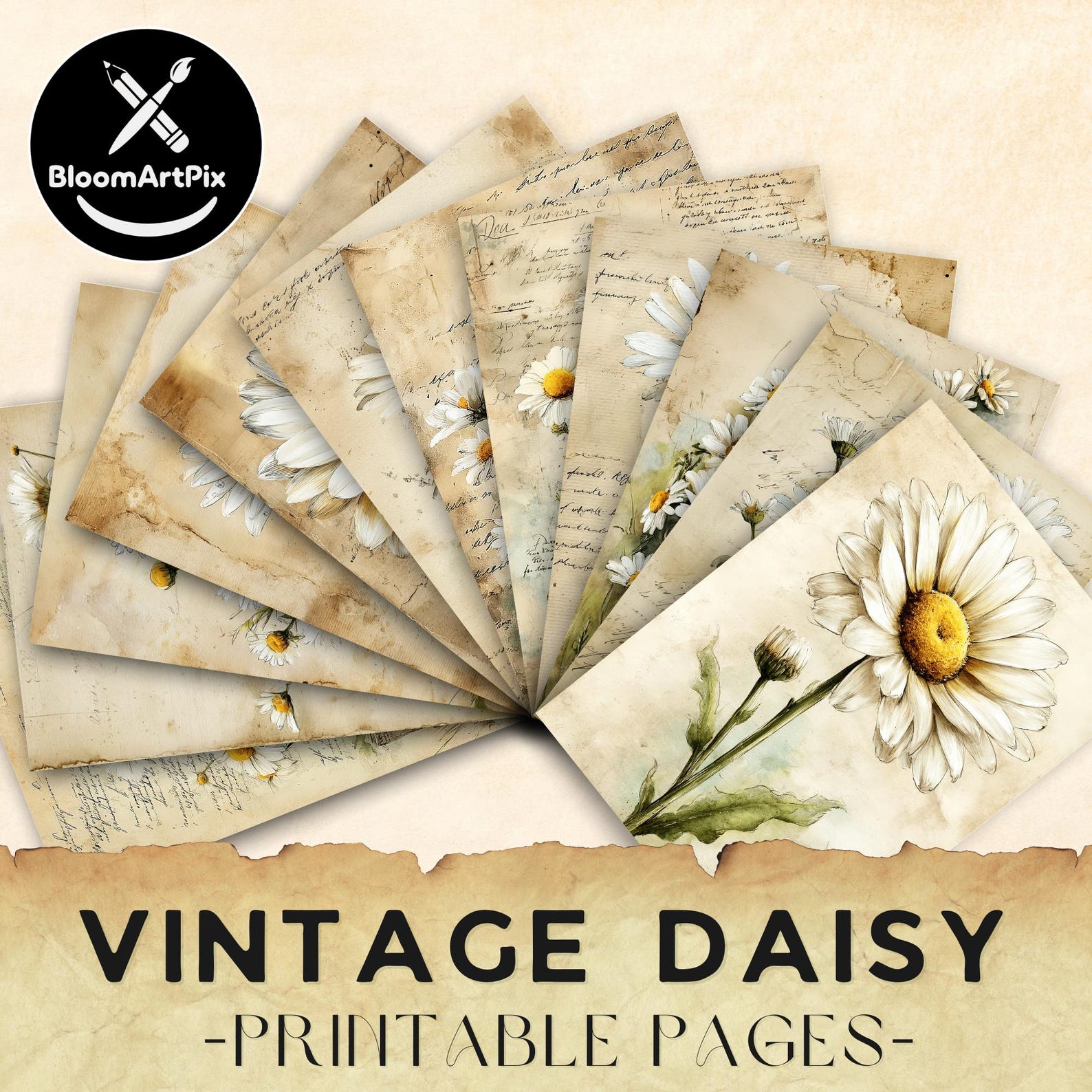 Vintage Daisy Junk Journal Pages Floral Scrapbook Paper Botanical ...