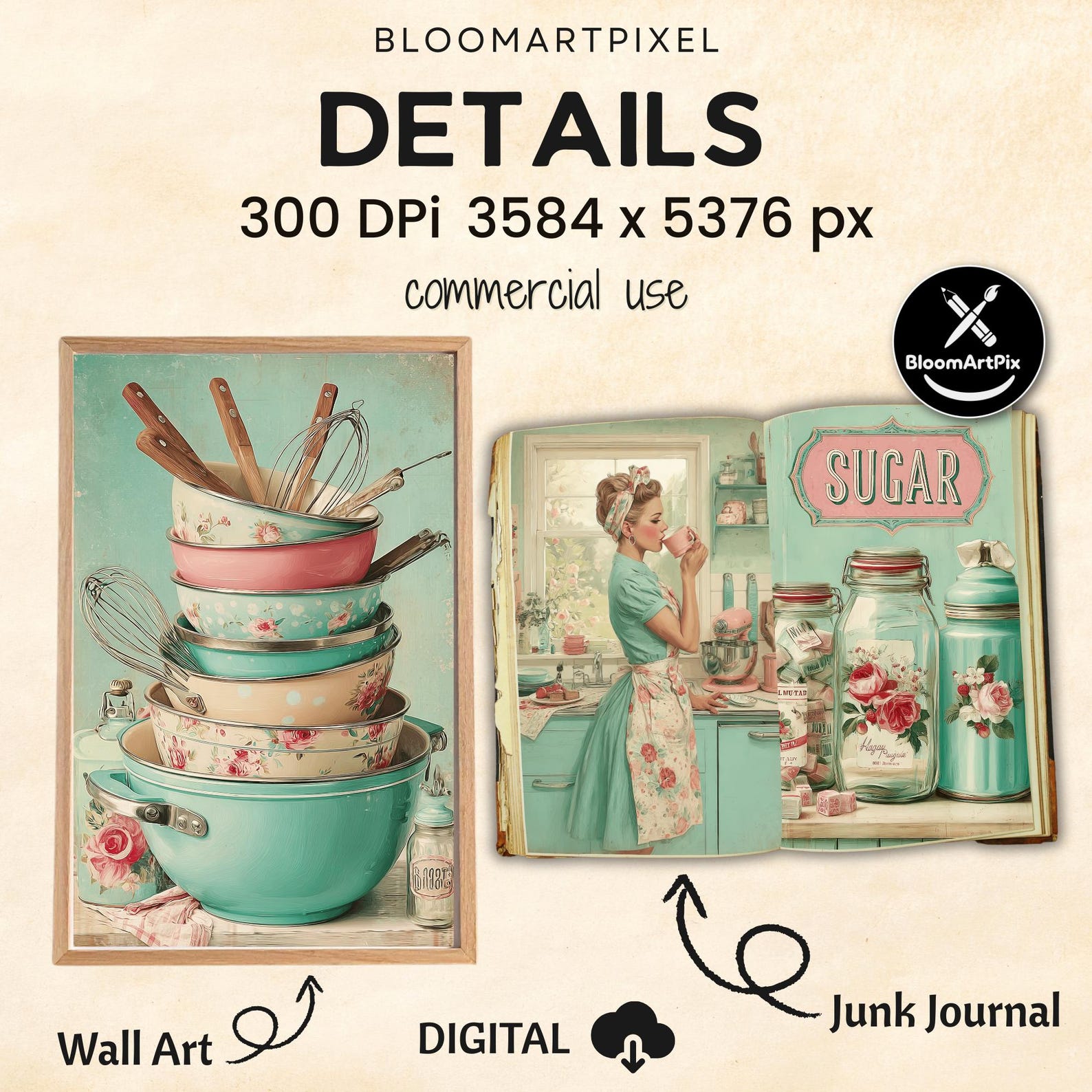 Retro Kitchen Junk Journal Kit Vintage Baking Ephemera Pastel 50s ...