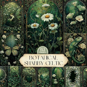 May include: A digital collage featuring botanical and Celtic themes. The artwork showcases daisies, a fairy, a butterfly, and a chameleon, all in shades of green and white. The text reads "Botanical Shabby Celtic" and "153 -PAGES-".