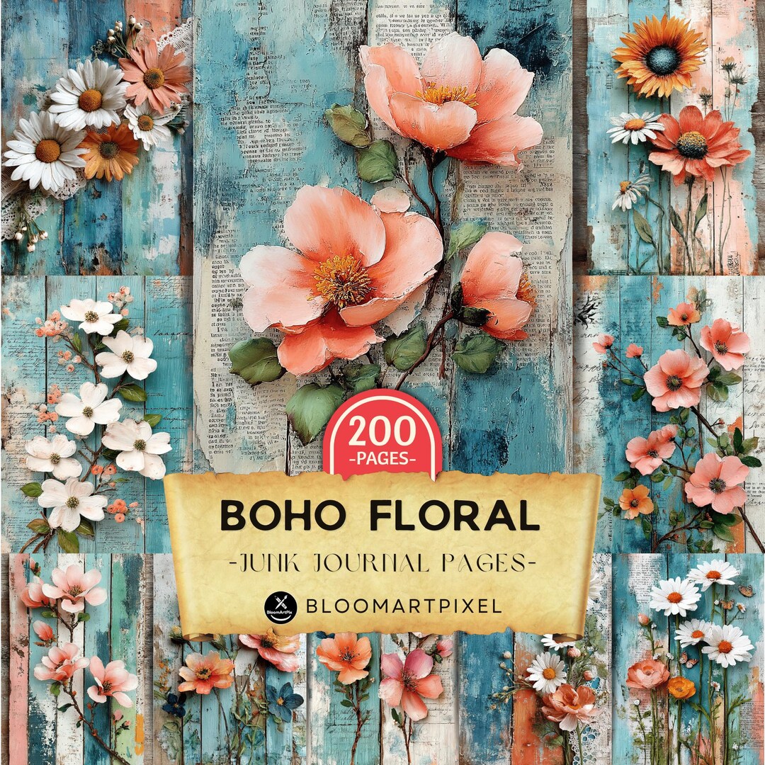 Boho Floral Junk Journal Pages Rustic Wood Vintage Scrapbook Paper ...