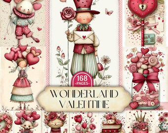 Wonderland Valentine Junk Journal Kit, Whimsical Ephemera (Digital Download)