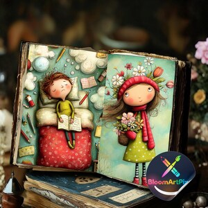May include: An open book featuring two illustrations: on the left, a person with brown hair lying in a red patterned bed reading a book; on the right, a person wearing a red hat and scarf holding a basket of flowers against a light blue background.