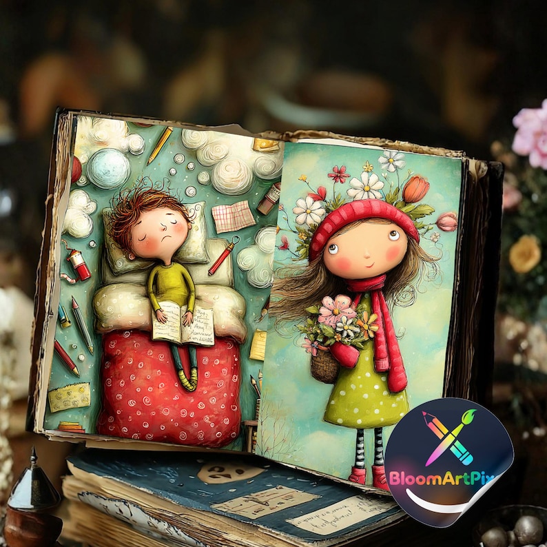 May include: An open book featuring two illustrations: on the left, a person with brown hair lying in a red patterned bed reading a book; on the right, a person wearing a red hat and scarf holding a basket of flowers against a light blue background.