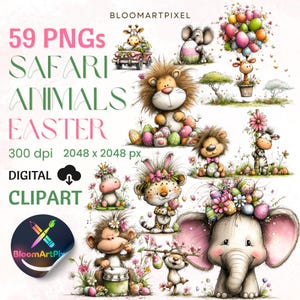 Pode incluir: Clipart digital com 59 PNGs de animais da selva com tema de Páscoa. A imagem inclui ilustrações de um leão, elefante, girafa, zebra e outros animais, todos decorados com flores e ovos de Páscoa. O texto diz "SAFARI ANIMALS EASTER".