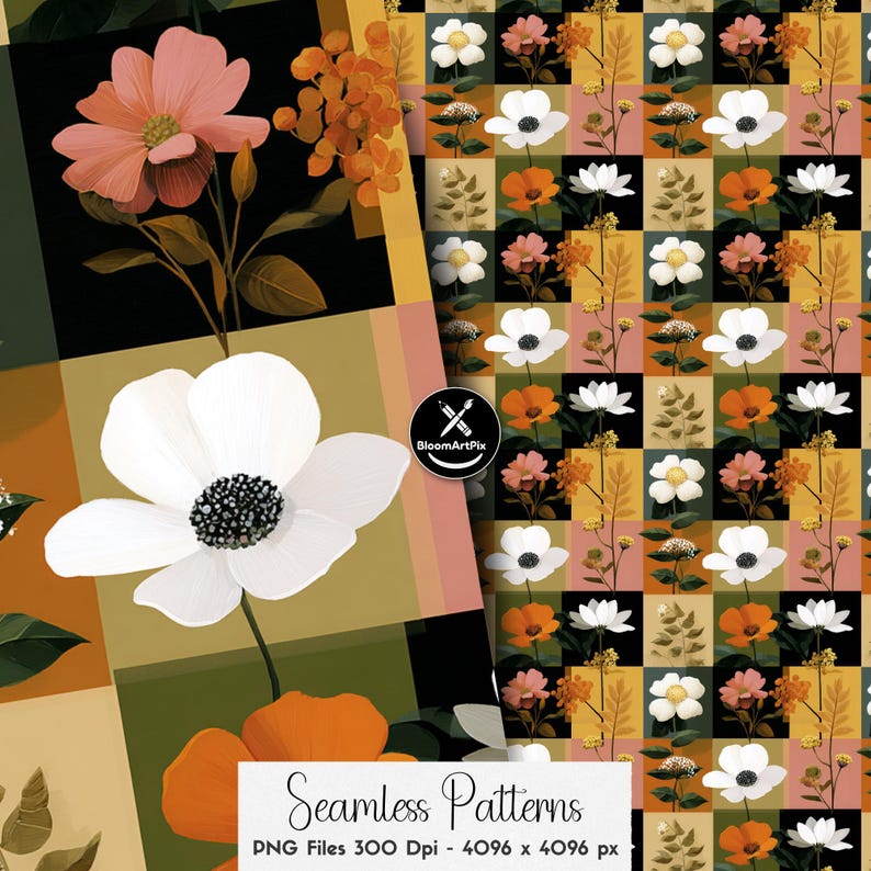 Ensemble de motifs floraux patchwork sans couture, motif répétitif de courtepointe florale colorée, pour la conception de tissus et la sublimation image 5