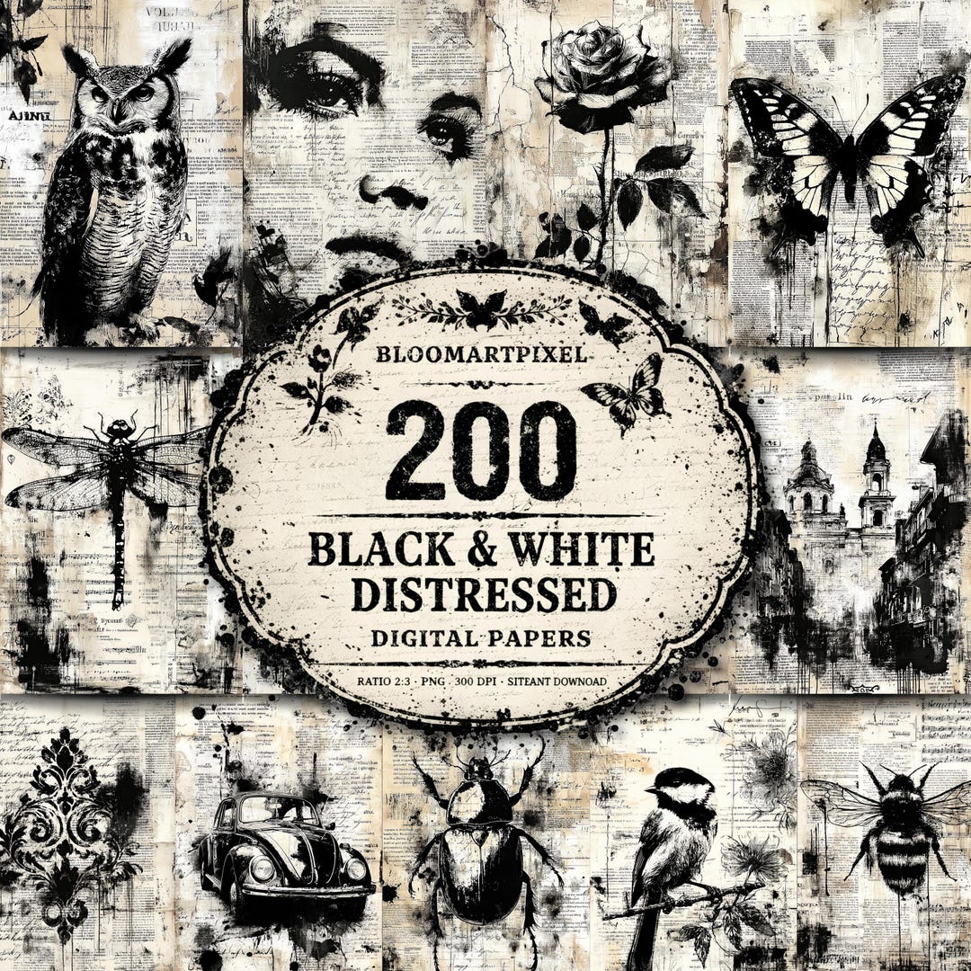 Black & White Distressed Junk Journal Kit 200 Vintage Grunge Printable ...