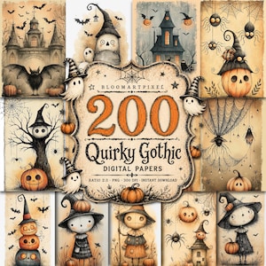 200 originales papeles digitales góticos de Halloween con diseños espeluznantes y caprichosos (descarga digital)