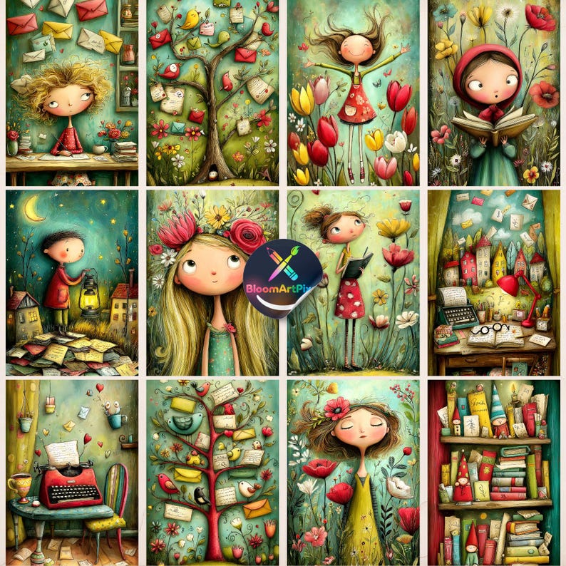 May include: A collection of twelve whimsical illustrations featuring characters in nature, reading, and writing. The artwork displays vibrant colors, stylized figures, and various scenes including trees with envelopes, floral fields, and cozy indoor settings.