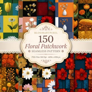 Bundle Floral Patchwork Seamless Pattern, Colorful Flower Quilt Repeat Pattern, for Fabric Design & Sublimation