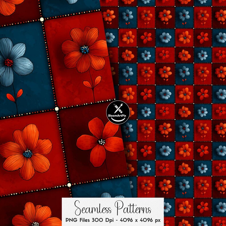 Ensemble de motifs floraux patchwork sans couture, motif répétitif de courtepointe florale colorée, pour la conception de tissus et la sublimation image 11