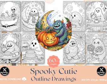 Kawaii Goth Coloring Book Pages, Spooky Monsters, Cozy Gothic Designs (Digital Download)