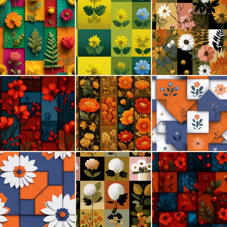 Ensemble de motifs floraux patchwork sans couture, motif répétitif de courtepointe florale colorée, pour la conception de tissus et la sublimation image 2