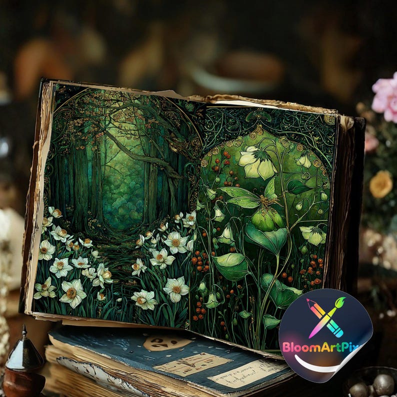 Botanical Celtic Junk Journal Pages, Green Shabby Forest Fantasy Paper ...