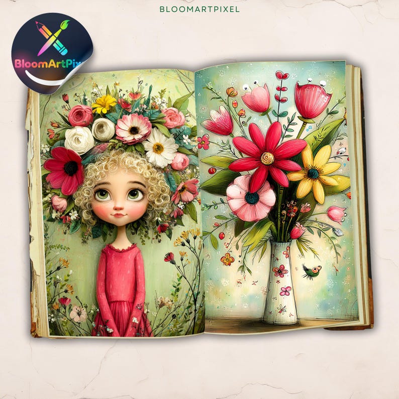 May include: An open book featuring a colorful illustration of a person with curly blonde hair adorned with various flowers on the left page and a bouquet of red, pink, and yellow flowers in a white vase on the right page, with the text BloomArtPixel.