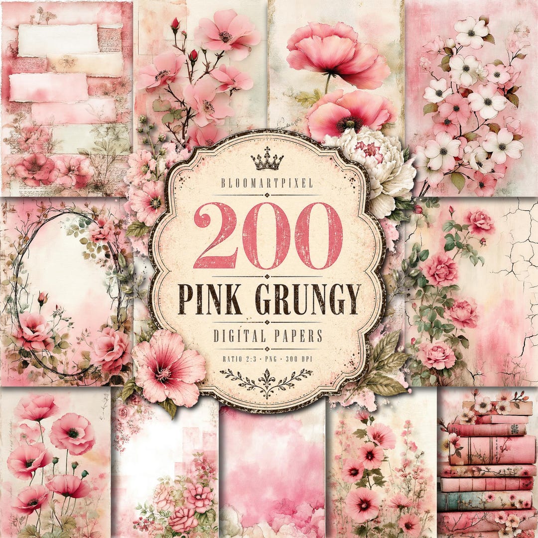 Pink Grungy Junk Journal Pages Shabby Chic Floral Digital Paper ...
