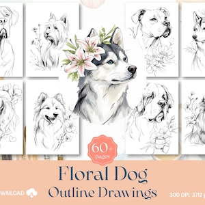 May include: A digital download featuring dog outline drawings. The illustrations depict different dog breeds, some with floral decorations. The title "Floral Dog Outline Drawings" is displayed with the text "60+ pages". The image also includes the BloomArtPix logo and resolution details.