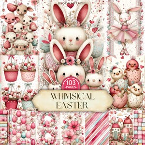 Op de afbeelding: Een digitale kunstcollectie met een grillig Pasen-thema, met konijnen, lammeren, kuikens en versierde eieren. Het kunstwerk is voornamelijk roze en wit, met bloemaccenten en de tekst "WHIMSICAL EASTER" en "103-PAGES".