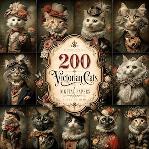 Può includere: Una collezione digitale di 200 Victorian Cats che presenta vari ritratti felini con abiti d'epoca decorati, cappelli e accenti floreali. L'etichetta centrale mostra il testo 200 Victorian Cats DIGITAL PAPERS con decorazioni ornamentali.
