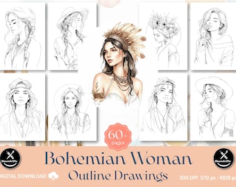 60+ Boho Woman Coloring Pages Adult Coloring Book Line Art Portrait (Digital Download)